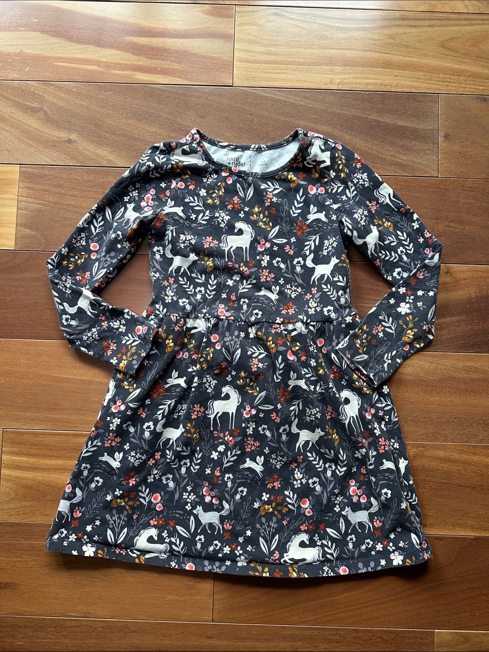 Rumi + Ryder Navy Long-Sleeve Unicorn & Floral Dress S 6-7